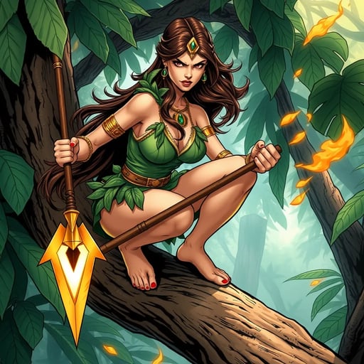 Comic art of a powerful and confident jungle warrior woman superhero with brown hair, a smooth and athletic body that is not overly muscular. She looks angry and frustrated, crouching barefoot on a sturdy tree branch, gripping a spear with a huge blade emitting golden fire powers. Her long, dark hair flows freely, and she wears a green, leaf-inspired outfit that accentuates her toned physique. Golden jewelry, including a necklace, arm bands, and emerald earrings, adorns her body, with a forehead ornament adding to her regal appearance. Her bare feet grip the branch firmly, emphasizing her agility and connection to nature. The lush jungle around her, with large leaves and sunlight filtering through the trees, creates an atmosphere of adventure and mystery as she prepares for the challenges ahead. A dynamic comic-style illustration of a fierce jungle warrior woman superhero, her smooth, athletic body poised in a crouch on a sturdy tree branch. She has brown hair and a powerful, yet not overly muscular physique. Her expression is one of anger and frustration as she grips a spear with a massive blade that crackles with golden fire energy. She wears a green, leaf-inspired outfit that clings to her body, highlighting her strength. Golden jewelry, including a necklace, arm bands, and emerald earrings, adds a touch of elegance, while a forehead ornament crowns her head. Her bare feet are firmly planted on the branch, showing her deep connection to the natural environment. The surrounding jungle is lush and vibrant, with sunlight streaming through the dense foliage, creating an adventurous and mysterious atmosphere. A comic book scene featuring a powerful and confident jungle warrior woman superhero with long brown hair, crouching barefoot on a sturdy tree branch. Her body is smooth and toned, not overly muscular, and she looks angry and frustrated. In one hand, she grips a spear with a huge blade that radiates golden fire powers. Her green, leaf-inspired outfit accentuates her athletic build, and she is adorned with golden jewelry, including a necklace, arm bands, emerald earrings, and a forehead ornament. Her bare feet clutch the branch, reflecting her agility and natural connection. The jungle around her is dense and lush, with large leaves and sunlight filtering through, adding to the scene’s sense of mystery and impending action. An intense comic art depiction of a beautiful and powerful jungle warrior woman superhero. She has brown hair and a smooth, athletic body that is strong but not overly muscular. She crouches barefoot on a sturdy tree branch, her face twisted in anger and frustration. In her hand, she wields a spear with a massive blade that emits fiery golden energy. Her long dark hair flows wildly, and she wears a green, leaf-themed outfit that highlights her toned physique. Golden jewelry, including a necklace, arm bands, and emerald earrings, complements her look, with a delicate forehead ornament adding a regal touch. Her bare feet grip the branch firmly, emphasizing her connection to the natural world. The jungle around her is lush and vibrant, with sunlight filtering through the trees, creating a setting full of adventure and mystery. A comic-style illustration of a confident and powerful jungle warrior woman superhero with long brown hair, crouching barefoot on a sturdy tree branch. Her body is smooth and athletic, with an air of strength and agility, but not overly muscular. She looks angry and frustrated, gripping a spear with a huge blade that crackles with golden fire energy. She wears a green, leaf-inspired outfit that accentuates her physique, and her body is adorned with golden jewelry, including a necklace, arm bands, emerald earrings, and a forehead ornament. Her bare feet cling to the branch, symbolizing her deep connection with the jungle. The surrounding environment is lush and dense, with large leaves and sunlight piercing through, creating a mysterious and adventurous atmosphere as she prepares for the challenges ahead. FLUX AI Image Generator