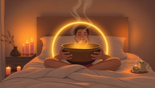 Create a warm, intimate scene depicting an evening sleep ritual with a Tibetan singing bowl as the centerpiece. A person is sitting calmly on a bed, gently holding a large singing bowl. The room should be softly lit by candles, with a diffuser emitting a light mist of essential oils nearby, and a steaming cup of herbal tea on a bedside table. The lighting should create a cozy and tranquil atmosphere, with soft shadows and warm highlights. Around the bowl, illustrate a soft, glowing light circle that slowly expands as the bowl is played, symbolizing the gradual relaxation and transition into sleep. Use warm, earthy tones like soft browns, warm golds, and gentle creams to enhance the feeling of comfort and peace. FLUX AI Image Generator