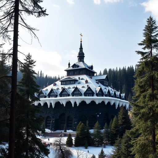 The world's largest black forest cake, the size of a building, surrounded by trees of the black forest FLUX AI Image Generator