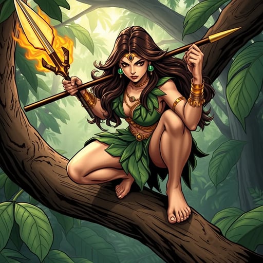 Comic art of a powerful and confident jungle warrior woman superhero with brown hair, a smooth and athletic body that is not overly muscular. She looks angry and frustrated, crouching barefoot on a sturdy tree branch, gripping a spear with a huge blade emitting golden fire powers. Her long, dark hair flows freely, and she wears a green, leaf-inspired outfit that accentuates her toned physique. Golden jewelry, including a necklace, arm bands, and emerald earrings, adorns her body, with a forehead ornament adding to her regal appearance. Her bare feet grip the branch firmly, emphasizing her agility and connection to nature. The lush jungle around her, with large leaves and sunlight filtering through the trees, creates an atmosphere of adventure and mystery as she prepares for the challenges ahead. A dynamic comic-style illustration of a fierce jungle warrior woman superhero, her smooth, athletic body poised in a crouch on a sturdy tree branch. She has brown hair and a powerful, yet not overly muscular physique. Her expression is one of anger and frustration as she grips a spear with a massive blade that crackles with golden fire energy. She wears a green, leaf-inspired outfit that clings to her body, highlighting her strength. Golden jewelry, including a necklace, arm bands, and emerald earrings, adds a touch of elegance, while a forehead ornament crowns her head. Her bare feet are firmly planted on the branch, showing her deep connection to the natural environment. The surrounding jungle is lush and vibrant, with sunlight streaming through the dense foliage, creating an adventurous and mysterious atmosphere. A comic book scene featuring a powerful and confident jungle warrior woman superhero with long brown hair, crouching barefoot on a sturdy tree branch. Her body is smooth and toned, not overly muscular, and she looks angry and frustrated. In one hand, she grips a spear with a huge blade that radiates golden fire powers. Her green, leaf-inspired outfit accentuates her athletic build, and she is adorned with golden jewelry, including a necklace, arm bands, emerald earrings, and a forehead ornament. Her bare feet clutch the branch, reflecting her agility and natural connection. The jungle around her is dense and lush, with large leaves and sunlight filtering through, adding to the scene’s sense of mystery and impending action. An intense comic art depiction of a beautiful and powerful jungle warrior woman superhero. She has brown hair and a smooth, athletic body that is strong but not overly muscular. She crouches barefoot on a sturdy tree branch, her face twisted in anger and frustration. In her hand, she wields a spear with a massive blade that emits fiery golden energy. Her long dark hair flows wildly, and she wears a green, leaf-themed outfit that highlights her toned physique. Golden jewelry, including a necklace, arm bands, and emerald earrings, complements her look, with a delicate forehead ornament adding a regal touch. Her bare feet grip the branch firmly, emphasizing her connection to the natural world. The jungle around her is lush and vibrant, with sunlight filtering through the trees, creating a setting full of adventure and mystery. A comic-style illustration of a confident and powerful jungle warrior woman superhero with long brown hair, crouching barefoot on a sturdy tree branch. Her body is smooth and athletic, with an air of strength and agility, but not overly muscular. She looks angry and frustrated, gripping a spear with a huge blade that crackles with golden fire energy. She wears a green, leaf-inspired outfit that accentuates her physique, and her body is adorned with golden jewelry, including a necklace, arm bands, emerald earrings, and a forehead ornament. Her bare feet cling to the branch, symbolizing her deep connection with the jungle. The surrounding environment is lush and dense, with large leaves and sunlight piercing through, creating a mysterious and adventurous atmosphere as she prepares for the challenges ahead. FLUX AI Image Generator