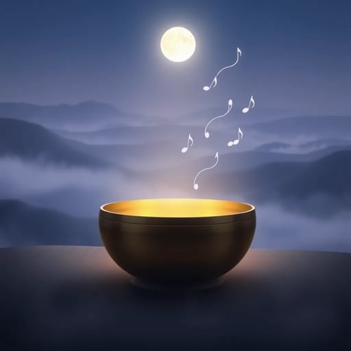 Create a serene and dreamlike landscape with a large, beautifully crafted Tibetan singing bowl in the foreground, illuminated by soft moonlight. The bowl should have a smooth, reflective surface that catches the gentle light, adding a mystical glow. In the background, depict a misty, flowing landscape with soft hills and subtle, dreamlike fog, symbolizing the transition into sleep. The fog should gradually fade into the distance, representing the journey into the world of dreams. Add delicate, floating musical notes or wave-like lines emanating from the bowl, leading into the misty background, suggesting the soothing vibrations guiding the viewer into Morpheus' arms. Use calming colors such as deep blues, soft purples, and gentle grays to evoke a sense of peace and tranquility. FLUX AI Image Generator