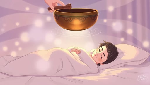 Illustrate a peaceful scene where gentle hands are playing a large, floating Tibetan singing bowl above a sleeping person lying comfortably on a soft bed. The hands should lightly hold a mallet, creating a sense of delicate touch. The sleeping person is covered with a soft, warm blanket, and their face reflects deep relaxation. Surround the scene with a warm, soft light that creates a safe and comforting atmosphere. Visualize the sound waves as gentle, wavy lines spreading from the bowl over the person’s body, symbolizing the deep relaxation and healing energy. In the background, blend the environment into a dreamy, slightly blurred backdrop, using soft pastel tones and muted colors like lavender, pale blues, and warm amber to represent the drift into sleep and the subconscious realm. FLUX AI Image Generator