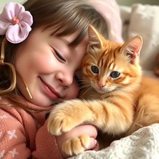 A little girl loved to snuggle up to a little orange cat FLUX AI Image Generator