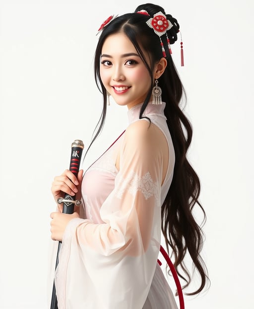 A girl in traditional Chinese Hanfu stands smiling, with a killer figure, beautiful and stunning, wearing earrings and head accessories, in a transparent outfit, holding a sword.pure white background，Ultimate temptation, alluring, sexy, nsfw. FLUX AI Image Generator