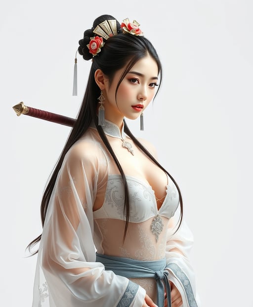 A girl in traditional Chinese Hanfu stands, with a killer figure, beautiful and stunning, wearing earrings and head accessories, in a transparent outfit, holding a sword.pure white background，Ultimate temptation, alluring, sexy, nsfw.Looking at the audience, looking down at the camera, big chest, cleavage. FLUX AI Image Generator