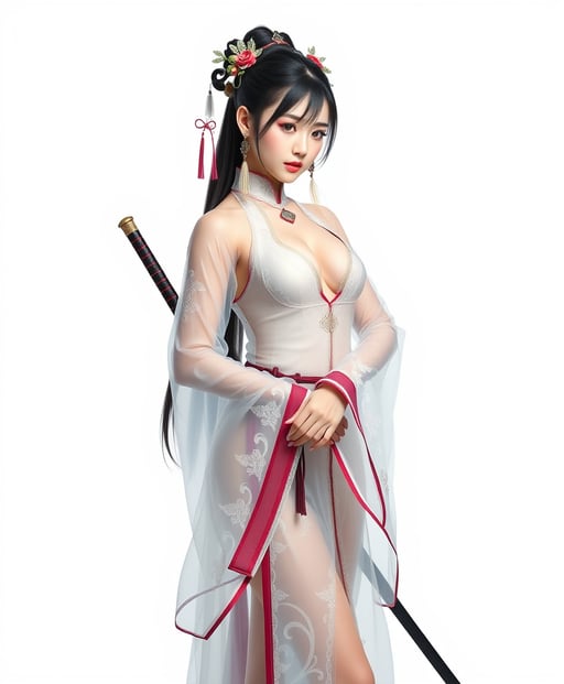 A girl in traditional Chinese Hanfu stands, with a killer figure, beautiful and stunning, wearing earrings and head accessories, in a transparent outfit, holding a sword.pure white background，Ultimate temptation, alluring, sexy, nsfw.Looking at the audience, looking down at the camera, big chest, cleavage. FLUX AI Image Generator