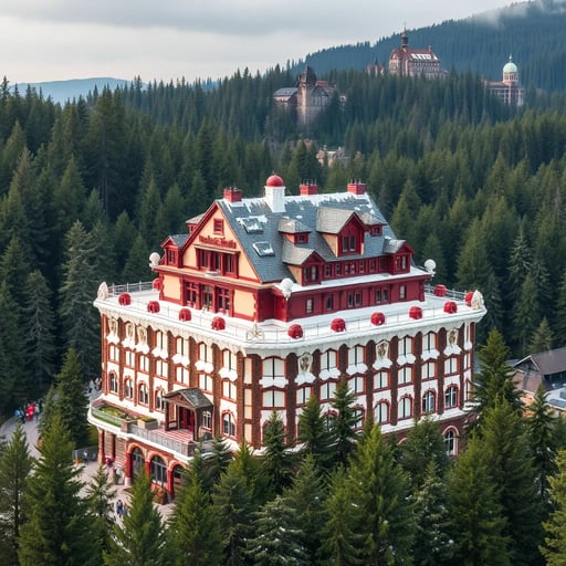 The world's largest black forest cake, the size of a building, surrounded by trees of the black forest FLUX AI Image Generator