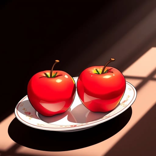 Two vibrant red apples rest on a pristine white ceramic plate, manga-style. Bold outlines define their curvaceous forms. Glistening droplets suggest freshness. Soft shadows add depth. A subtle floral pattern adorns the plate's rim. Sunlight streams in, creating dynamic highlights. FLUX AI Image Generator