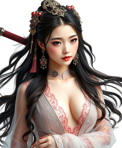 A girl in traditional Chinese Hanfu stands, with a killer figure, beautiful and stunning, wearing earrings and head accessories, in a transparent outfit, holding a sword.pure white background，Ultimate temptation, alluring, sexy, nsfw.Looking at the audience, looking down at the camera, big chest, cleavage.Whole body FLUX AI Image Generator