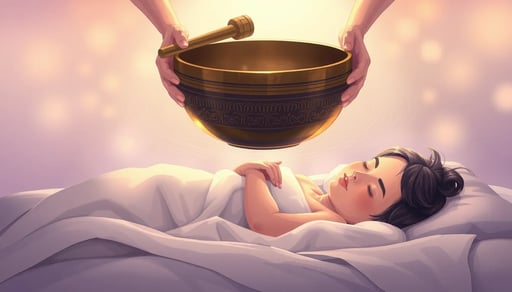 Illustrate a peaceful scene where gentle hands are playing a large, floating Tibetan singing bowl above a sleeping person lying comfortably on a soft bed. The hands should lightly hold a mallet, creating a sense of delicate touch. The sleeping person is covered with a soft, warm blanket, and their face reflects deep relaxation. Surround the scene with a warm, soft light that creates a safe and comforting atmosphere. Visualize the sound waves as gentle, wavy lines spreading from the bowl over the person’s body, symbolizing the deep relaxation and healing energy. In the background, blend the environment into a dreamy, slightly blurred backdrop, using soft pastel tones and muted colors like lavender, pale blues, and warm amber to represent the drift into sleep and the subconscious realm. FLUX AI Image Generator