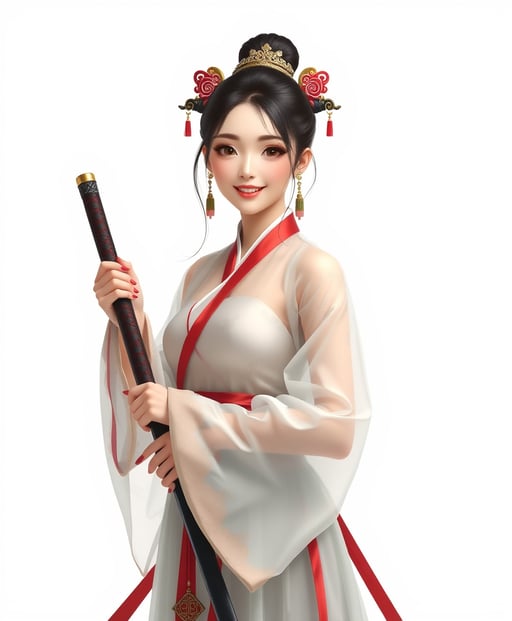 A girl in traditional Chinese Hanfu stands smiling, with a killer figure, beautiful and stunning, wearing earrings and head accessories, in a transparent outfit, holding a sword.pure white background FLUX AI Image Generator