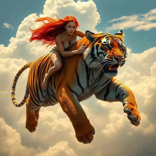 A fearless woman with flowing red hair clings to the back of a majestic Bengal tiger, its muscles rippling as it leaps between fluffy cumulus clouds. Hyper-realistic details capture every whisker and dewdrop. Sunlight bathes the scene in golden hues, evoking a sense of mythical adventure. FLUX AI Image Generator