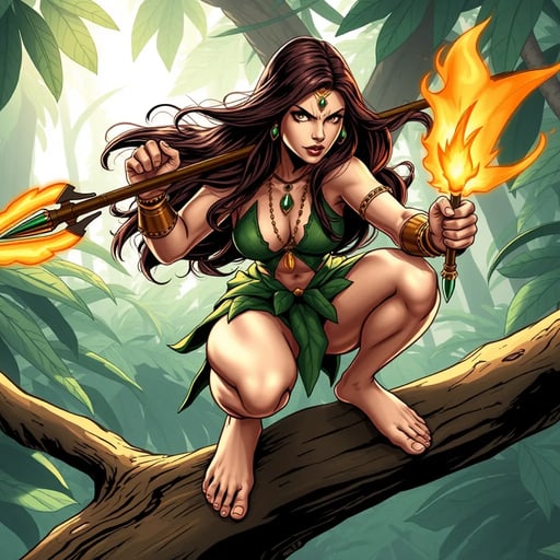 Comic art of a powerful and confident jungle warrior woman superhero with brown hair, a smooth and athletic body that is not overly muscular. She looks angry and frustrated, crouching barefoot on a sturdy tree branch, gripping a spear with a huge blade emitting golden fire powers. Her long, dark hair flows freely, and she wears a green, leaf-inspired outfit that accentuates her toned physique. Golden jewelry, including a necklace, arm bands, and emerald earrings, adorns her body, with a forehead ornament adding to her regal appearance. Her bare feet grip the branch firmly, emphasizing her agility and connection to nature. The lush jungle around her, with large leaves and sunlight filtering through the trees, creates an atmosphere of adventure and mystery as she prepares for the challenges ahead. A dynamic comic-style illustration of a fierce jungle warrior woman superhero, her smooth, athletic body poised in a crouch on a sturdy tree branch. She has brown hair and a powerful, yet not overly muscular physique. Her expression is one of anger and frustration as she grips a spear with a massive blade that crackles with golden fire energy. She wears a green, leaf-inspired outfit that clings to her body, highlighting her strength. Golden jewelry, including a necklace, arm bands, and emerald earrings, adds a touch of elegance, while a forehead ornament crowns her head. Her bare feet are firmly planted on the branch, showing her deep connection to the natural environment. The surrounding jungle is lush and vibrant, with sunlight streaming through the dense foliage, creating an adventurous and mysterious atmosphere. A comic book scene featuring a powerful and confident jungle warrior woman superhero with long brown hair, crouching barefoot on a sturdy tree branch. Her body is smooth and toned, not overly muscular, and she looks angry and frustrated. In one hand, she grips a spear with a huge blade that radiates golden fire powers. Her green, leaf-inspired outfit accentuates her athletic build, and she is adorned with golden jewelry, including a necklace, arm bands, emerald earrings, and a forehead ornament. Her bare feet clutch the branch, reflecting her agility and natural connection. The jungle around her is dense and lush, with large leaves and sunlight filtering through, adding to the scene’s sense of mystery and impending action. An intense comic art depiction of a beautiful and powerful jungle warrior woman superhero. She has brown hair and a smooth, athletic body that is strong but not overly muscular. She crouches barefoot on a sturdy tree branch, her face twisted in anger and frustration. In her hand, she wields a spear with a massive blade that emits fiery golden energy. Her long dark hair flows wildly, and she wears a green, leaf-themed outfit that highlights her toned physique. Golden jewelry, including a necklace, arm bands, and emerald earrings, complements her look, with a delicate forehead ornament adding a regal touch. Her bare feet grip the branch firmly, emphasizing her connection to the natural world. The jungle around her is lush and vibrant, with sunlight filtering through the trees, creating a setting full of adventure and mystery. A comic-style illustration of a confident and powerful jungle warrior woman superhero with long brown hair, crouching barefoot on a sturdy tree branch. Her body is smooth and athletic, with an air of strength and agility, but not overly muscular. She looks angry and frustrated, gripping a spear with a huge blade that crackles with golden fire energy. She wears a green, leaf-inspired outfit that accentuates her physique, and her body is adorned with golden jewelry, including a necklace, arm bands, emerald earrings, and a forehead ornament. Her bare feet cling to the branch, symbolizing her deep connection with the jungle. The surrounding environment is lush and dense, with large leaves and sunlight piercing through, creating a mysterious and adventurous atmosphere as she prepares for the challenges ahead. FLUX AI Image Generator