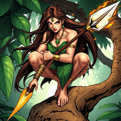 Comic art of a powerful and confident jungle warrior woman superhero with brown hair, a smooth and athletic body that is not overly muscular. She looks angry and frustrated, crouching barefoot on a sturdy tree branch, gripping a spear with a huge blade emitting golden fire powers. Her long, dark hair flows freely, and she wears a green, leaf-inspired outfit that accentuates her toned physique. Golden jewelry, including a necklace, arm bands, and emerald earrings, adorns her body, with a forehead ornament adding to her regal appearance. Her bare feet grip the branch firmly, emphasizing her agility and connection to nature. The lush jungle around her, with large leaves and sunlight filtering through the trees, creates an atmosphere of adventure and mystery as she prepares for the challenges ahead. A dynamic comic-style illustration of a fierce jungle warrior woman superhero, her smooth, athletic body poised in a crouch on a sturdy tree branch. She has brown hair and a powerful, yet not overly muscular physique. Her expression is one of anger and frustration as she grips a spear with a massive blade that crackles with golden fire energy. She wears a green, leaf-inspired outfit that clings to her body, highlighting her strength. Golden jewelry, including a necklace, arm bands, and emerald earrings, adds a touch of elegance, while a forehead ornament crowns her head. Her bare feet are firmly planted on the branch, showing her deep connection to the natural environment. The surrounding jungle is lush and vibrant, with sunlight streaming through the dense foliage, creating an adventurous and mysterious atmosphere. A comic book scene featuring a powerful and confident jungle warrior woman superhero with long brown hair, crouching barefoot on a sturdy tree branch. Her body is smooth and toned, not overly muscular, and she looks angry and frustrated. In one hand, she grips a spear with a huge blade that radiates golden fire powers. Her green, leaf-inspired outfit accentuates her athletic build, and she is adorned with golden jewelry, including a necklace, arm bands, emerald earrings, and a forehead ornament. Her bare feet clutch the branch, reflecting her agility and natural connection. The jungle around her is dense and lush, with large leaves and sunlight filtering through, adding to the scene’s sense of mystery and impending action. An intense comic art depiction of a beautiful and powerful jungle warrior woman superhero. She has brown hair and a smooth, athletic body that is strong but not overly muscular. She crouches barefoot on a sturdy tree branch, her face twisted in anger and frustration. In her hand, she wields a spear with a massive blade that emits fiery golden energy. Her long dark hair flows wildly, and she wears a green, leaf-themed outfit that highlights her toned physique. Golden jewelry, including a necklace, arm bands, and emerald earrings, complements her look, with a delicate forehead ornament adding a regal touch. Her bare feet grip the branch firmly, emphasizing her connection to the natural world. The jungle around her is lush and vibrant, with sunlight filtering through the trees, creating a setting full of adventure and mystery. A comic-style illustration of a confident and powerful jungle warrior woman superhero with long brown hair, crouching barefoot on a sturdy tree branch. Her body is smooth and athletic, with an air of strength and agility, but not overly muscular. She looks angry and frustrated, gripping a spear with a huge blade that crackles with golden fire energy. She wears a green, leaf-inspired outfit that accentuates her physique, and her body is adorned with golden jewelry, including a necklace, arm bands, emerald earrings, and a forehead ornament. Her bare feet cling to the branch, symbolizing her deep connection with the jungle. The surrounding environment is lush and dense, with large leaves and sunlight piercing through, creating a mysterious and adventurous atmosphere as she prepares for the challenges ahead. FLUX AI Image Generator