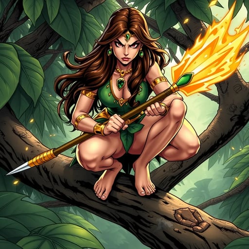 Comic art of a powerful and confident jungle warrior woman superhero with brown hair, a smooth and athletic body that is not overly muscular. She looks angry and frustrated, crouching barefoot on a sturdy tree branch, gripping a spear with a huge blade emitting golden fire powers. Her long, dark hair flows freely, and she wears a green, leaf-inspired outfit that accentuates her toned physique. Golden jewelry, including a necklace, arm bands, and emerald earrings, adorns her body, with a forehead ornament adding to her regal appearance. Her bare feet grip the branch firmly, emphasizing her agility and connection to nature. The lush jungle around her, with large leaves and sunlight filtering through the trees, creates an atmosphere of adventure and mystery as she prepares for the challenges ahead. A dynamic comic-style illustration of a fierce jungle warrior woman superhero, her smooth, athletic body poised in a crouch on a sturdy tree branch. She has brown hair and a powerful, yet not overly muscular physique. Her expression is one of anger and frustration as she grips a spear with a massive blade that crackles with golden fire energy. She wears a green, leaf-inspired outfit that clings to her body, highlighting her strength. Golden jewelry, including a necklace, arm bands, and emerald earrings, adds a touch of elegance, while a forehead ornament crowns her head. Her bare feet are firmly planted on the branch, showing her deep connection to the natural environment. The surrounding jungle is lush and vibrant, with sunlight streaming through the dense foliage, creating an adventurous and mysterious atmosphere. A comic book scene featuring a powerful and confident jungle warrior woman superhero with long brown hair, crouching barefoot on a sturdy tree branch. Her body is smooth and toned, not overly muscular, and she looks angry and frustrated. In one hand, she grips a spear with a huge blade that radiates golden fire powers. Her green, leaf-inspired outfit accentuates her athletic build, and she is adorned with golden jewelry, including a necklace, arm bands, emerald earrings, and a forehead ornament. Her bare feet clutch the branch, reflecting her agility and natural connection. The jungle around her is dense and lush, with large leaves and sunlight filtering through, adding to the scene’s sense of mystery and impending action. An intense comic art depiction of a beautiful and powerful jungle warrior woman superhero. She has brown hair and a smooth, athletic body that is strong but not overly muscular. She crouches barefoot on a sturdy tree branch, her face twisted in anger and frustration. In her hand, she wields a spear with a massive blade that emits fiery golden energy. Her long dark hair flows wildly, and she wears a green, leaf-themed outfit that highlights her toned physique. Golden jewelry, including a necklace, arm bands, and emerald earrings, complements her look, with a delicate forehead ornament adding a regal touch. Her bare feet grip the branch firmly, emphasizing her connection to the natural world. The jungle around her is lush and vibrant, with sunlight filtering through the trees, creating a setting full of adventure and mystery. A comic-style illustration of a confident and powerful jungle warrior woman superhero with long brown hair, crouching barefoot on a sturdy tree branch. Her body is smooth and athletic, with an air of strength and agility, but not overly muscular. She looks angry and frustrated, gripping a spear with a huge blade that crackles with golden fire energy. She wears a green, leaf-inspired outfit that accentuates her physique, and her body is adorned with golden jewelry, including a necklace, arm bands, emerald earrings, and a forehead ornament. Her bare feet cling to the branch, symbolizing her deep connection with the jungle. The surrounding environment is lush and dense, with large leaves and sunlight piercing through, creating a mysterious and adventurous atmosphere as she prepares for the challenges ahead. FLUX AI Image Generator